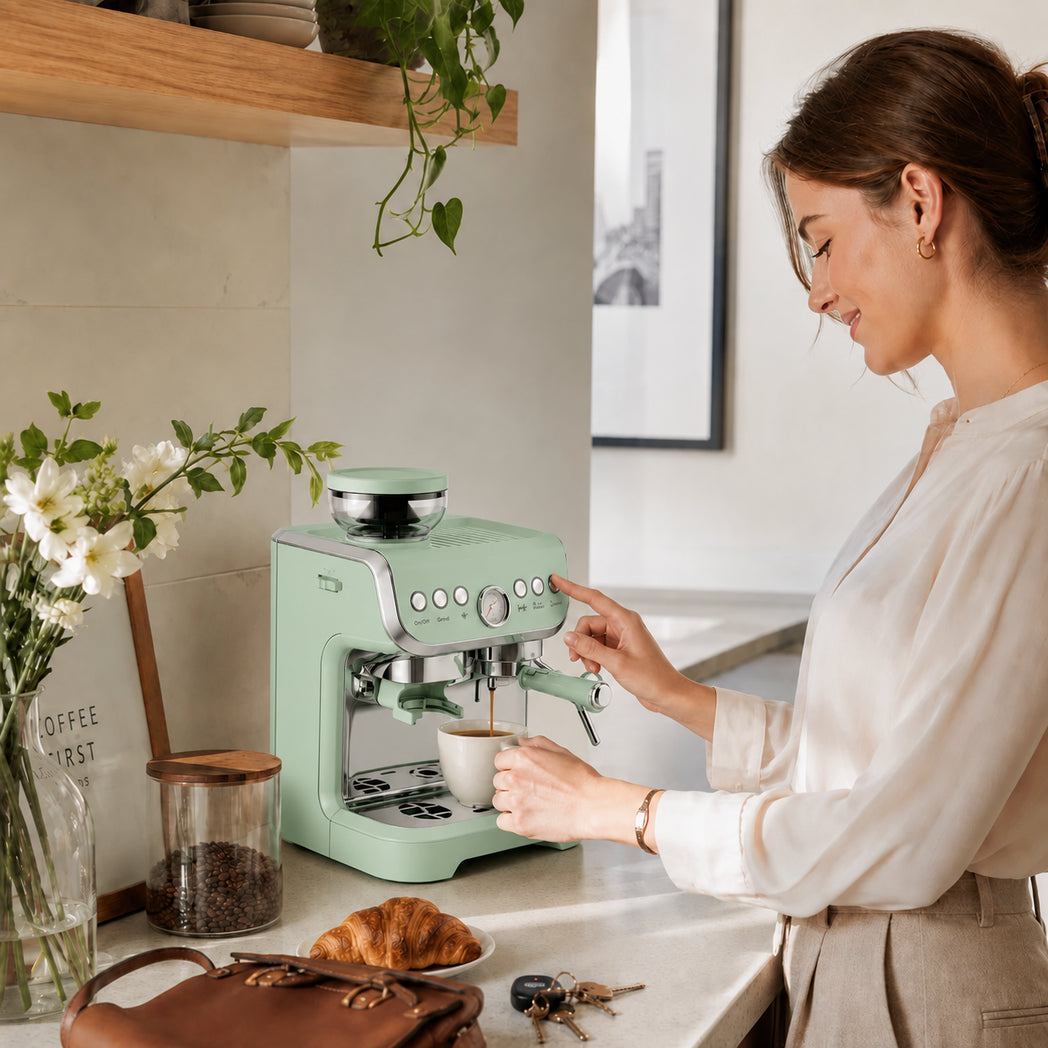 HOMCOM 15 Bar Espresso Machine with Adjustable Grinder, Steam Wand and 2L Tank – Semi-Automatic, Light Green