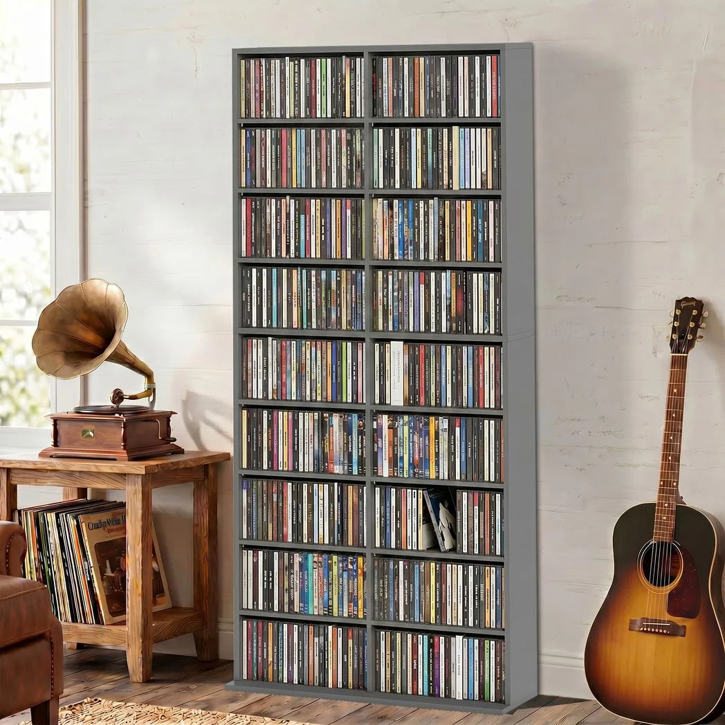 HOMCOM 640 CD Storage Tower with 14 Adjustable Shelves – Tall Narrow DVD and Media Rack, Grey
