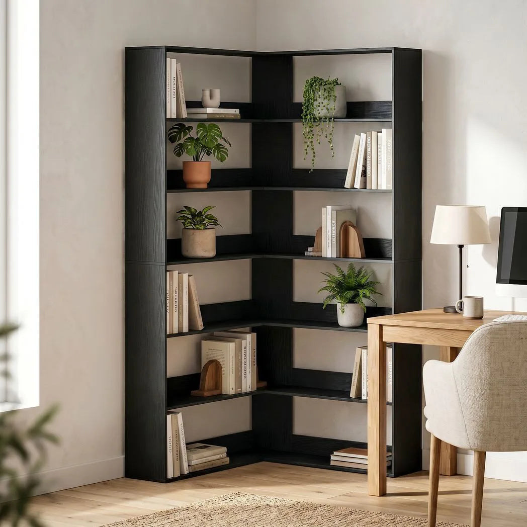 HOMCOM 7-Tier L-Shaped Corner Bookcase with Anti-Slip Rear Guards – 180 cm Display Shelf, Black Wood Effect