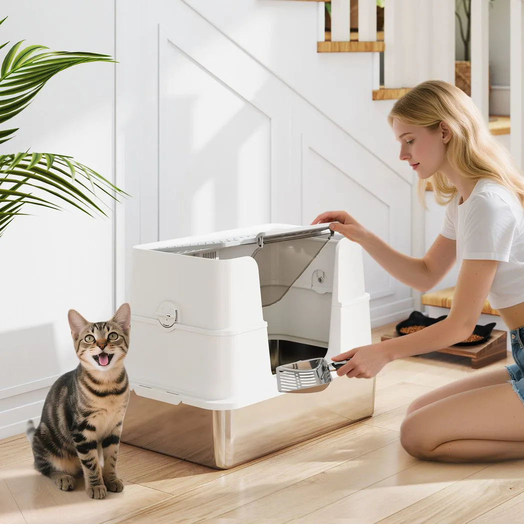 PawHut XL Stainless Steel Litter Box with 100° Flip Top, Scoop & Dual Entry – Odour-Free, Easy-Clean