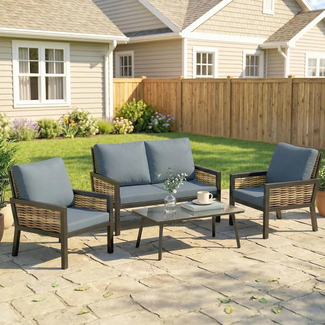 Outsunny 4-Seater Rattan Garden Furniture Set with 2 Armchairs, Loveseat & Coffee Table – Cushioned, Grey