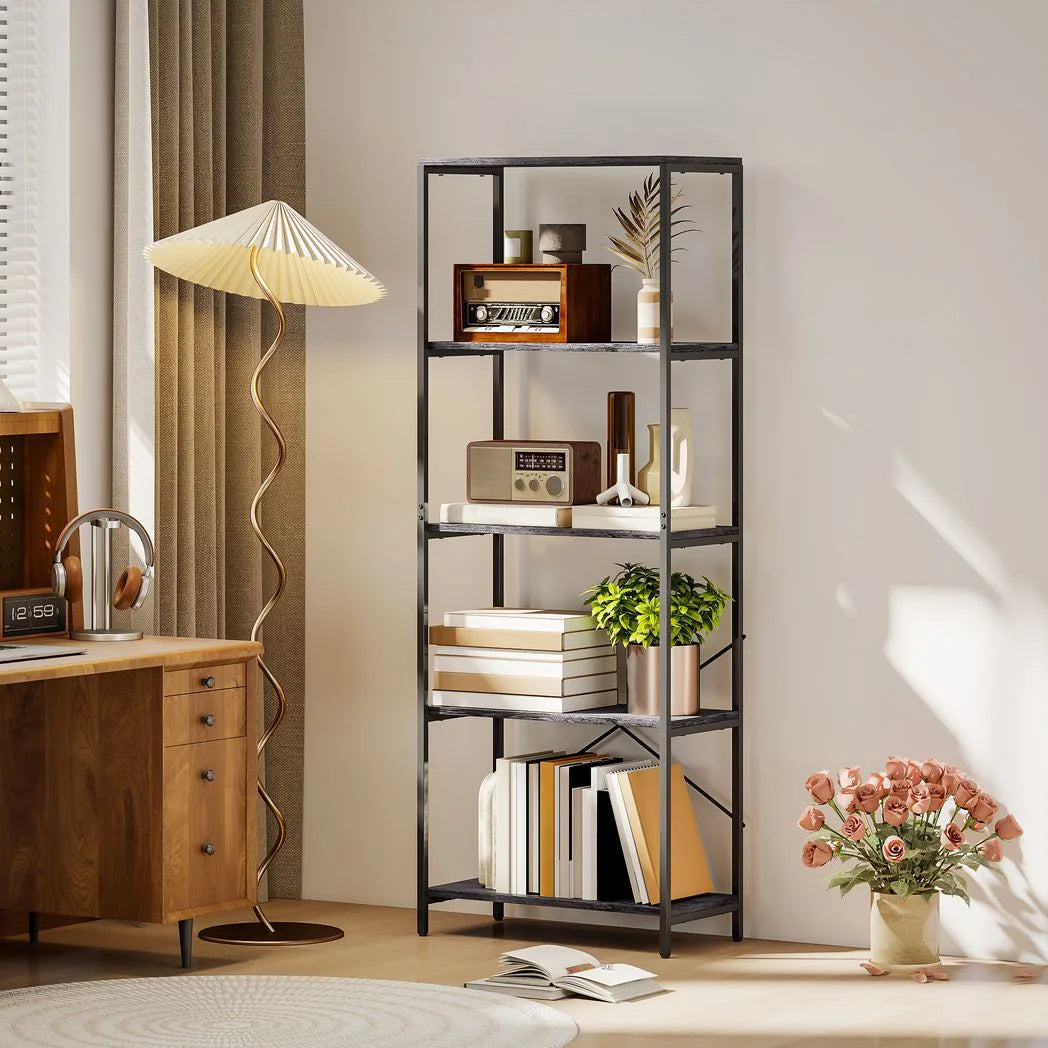 HOMCOM 5-Tier Industrial Bookcase with Metal Frame and Anti-Tipping Straps – Display Shelf, Dark Grey and Black