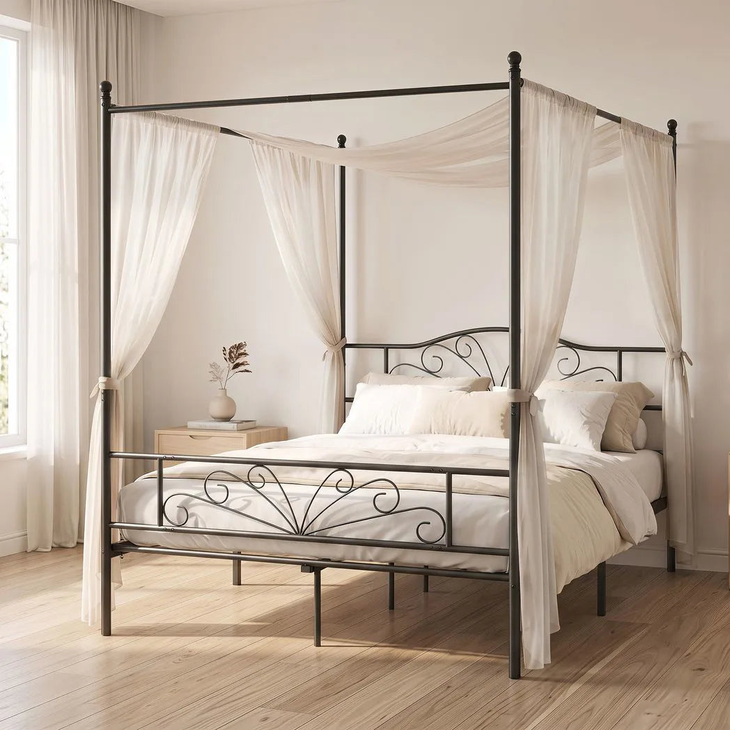 HOMCOM Double Four-Poster Metal Bed Frame with Headboard, Footboard & Underbed Storage – Canopy Bed, Black
