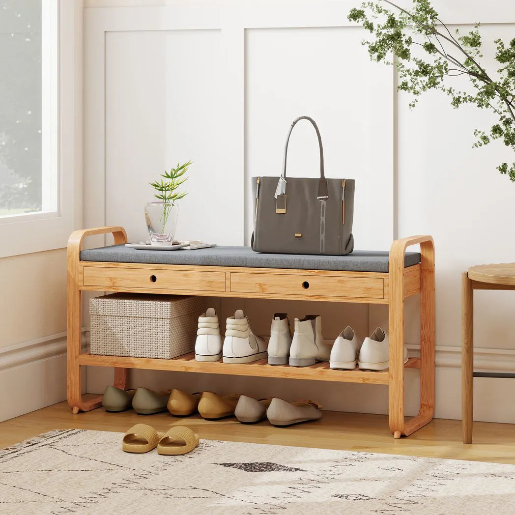 HOMCOM Bamboo Shoe Bench with 2 Drawers and Cushioned Seat – 105 cm, Natural and Grey