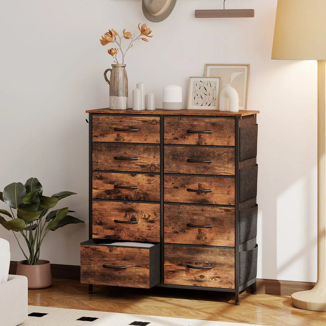 HOMCOM Fabric Chest of 10 Drawers with Steel Frame, Pockets and Hooks – Bedroom Storage Unit, Rustic Brown