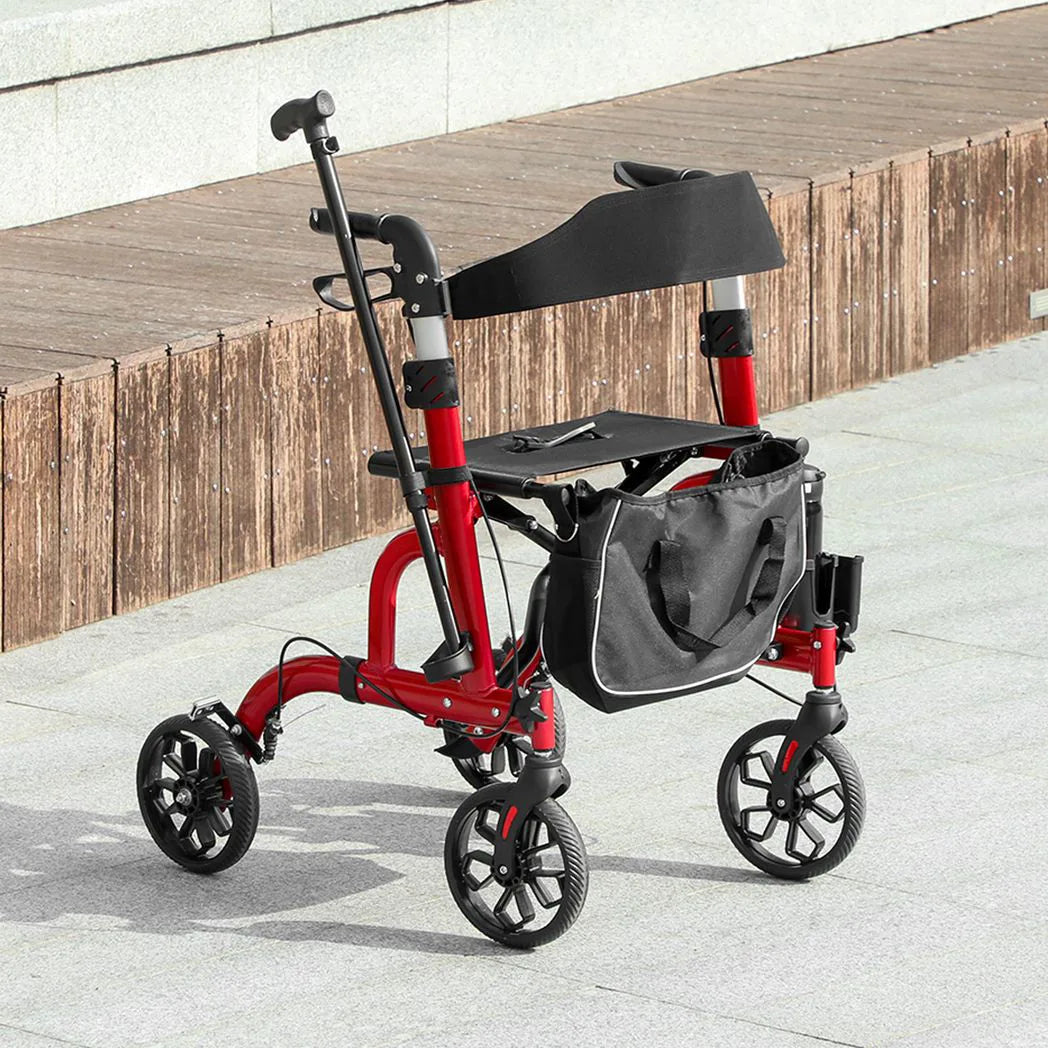 HOMCOM Folding Rollator Walker with Seat, Padded Backrest & Adjustable Handles – Lightweight Walking Frame, Red