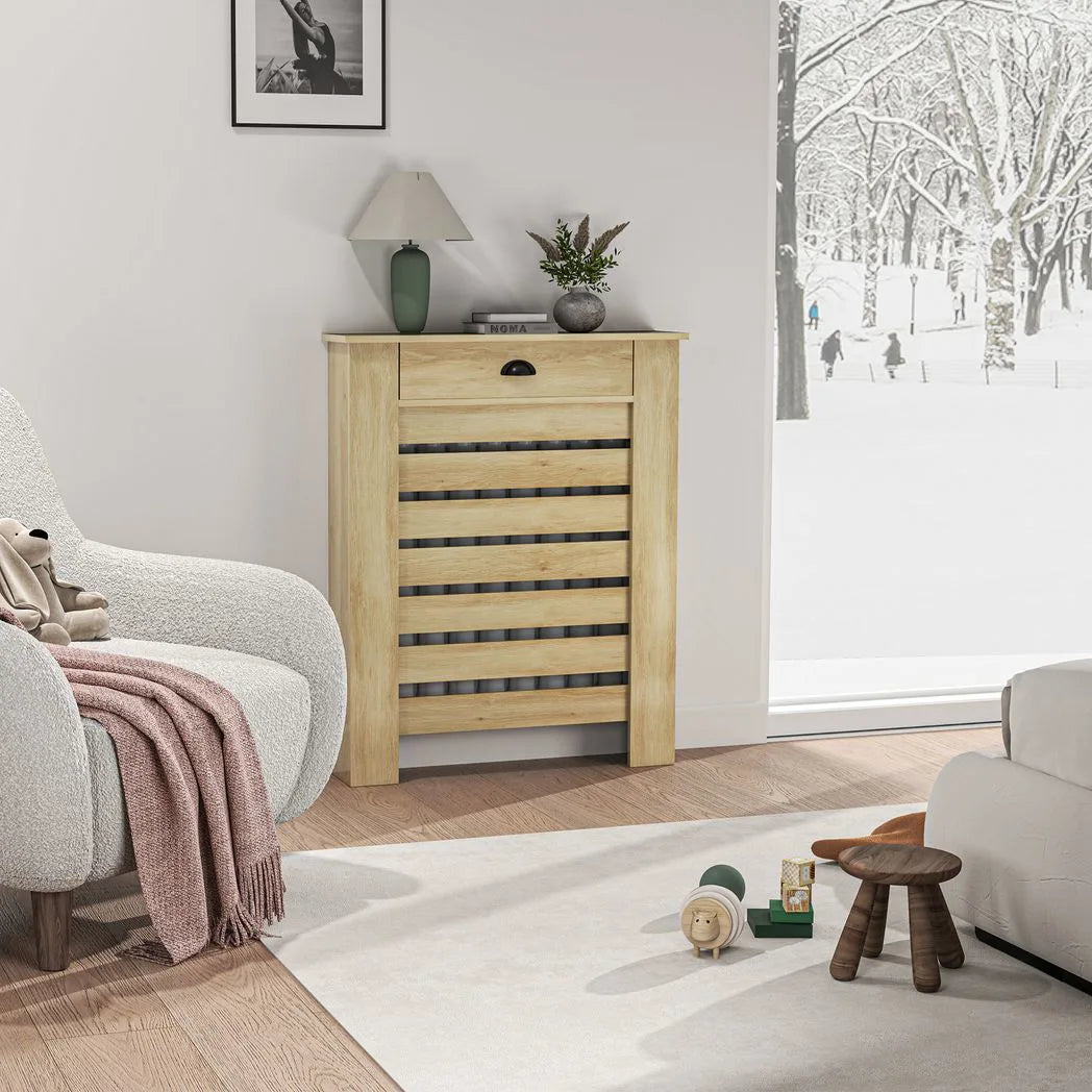 HOMCOM Radiator Cover with Top Drawer & Slatted Centre – Fits Radiators up to 81 x 73 cm, Oak