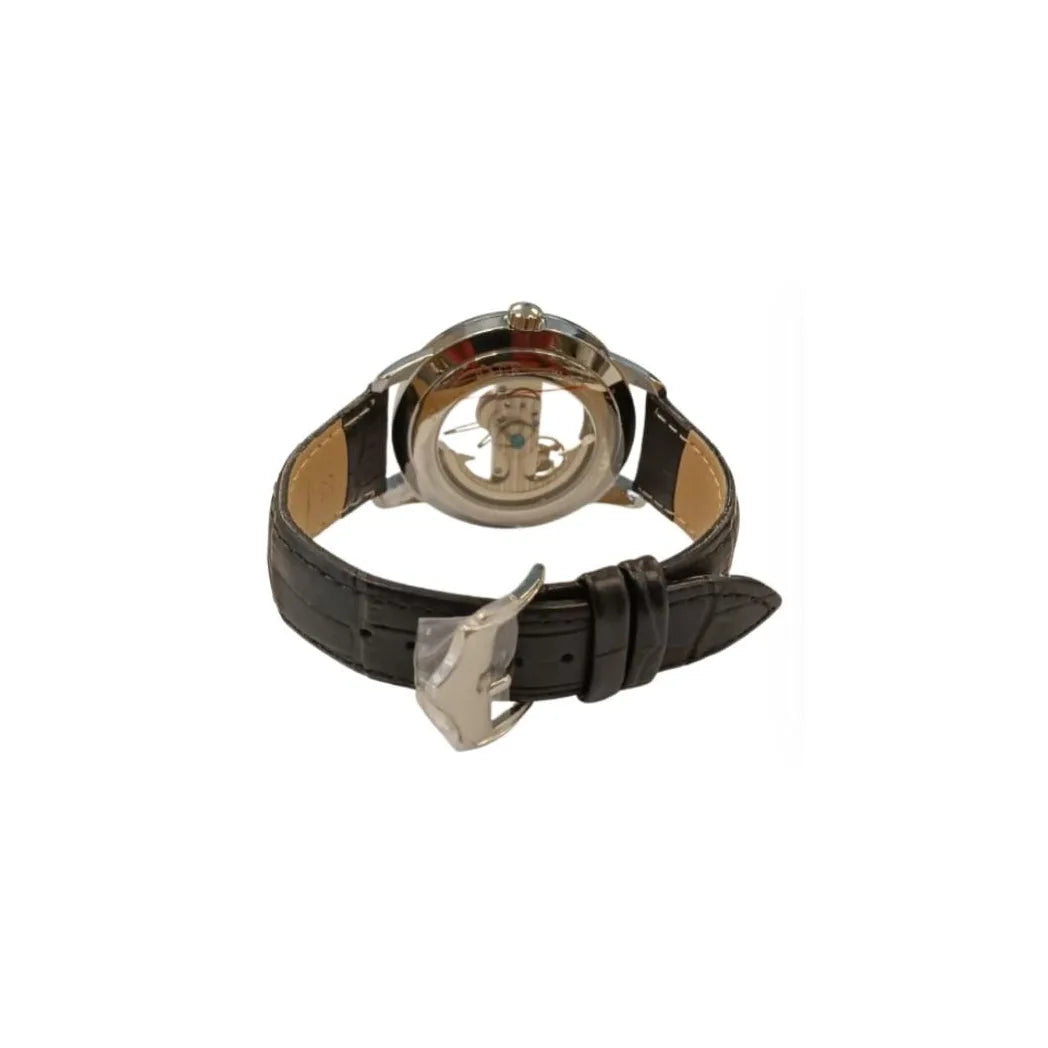 NY London Mens Automatic Dial Analogue Silver/Black Leather Strap Watch