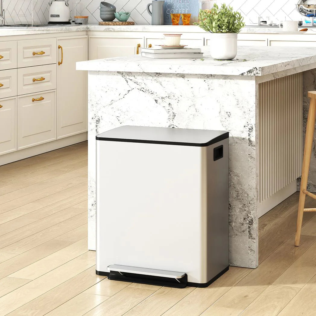 HOMCOM 50L Dual Compartment Pedal Bin with Soft Close Lid, Deodoriser Holders – Stainless Steel Kitchen Bin, Silver