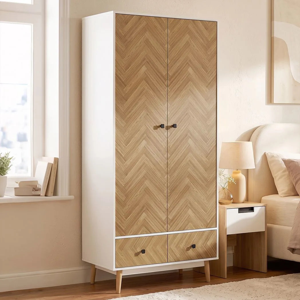 HOMCOM Modern Wardrobe with 2 Hanging Rods, 2 Shelves and 2 Drawers – Wood-Effect Bedroom Storage, White