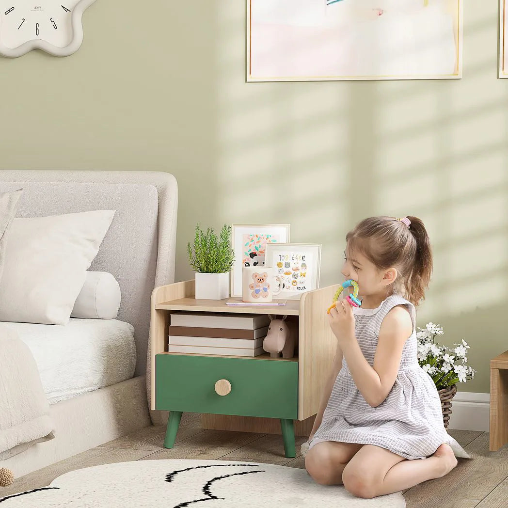 AIYAPLAY Kids Bedside Table with Drawer and Open Storage Shelf – Wooden Nightstand for Children's Bedroom, Green