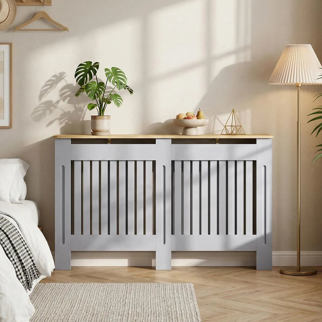 HOMCOM 152cm Slatted Radiator Cover, Painted Cabinet with Line Grill Design and Top Shelf – Grey