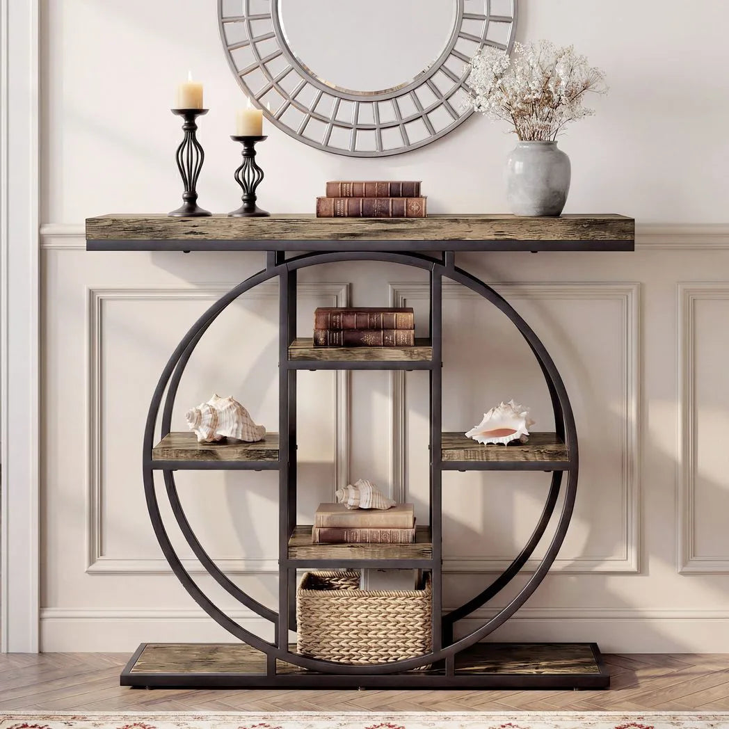 HOMCOM Industrial Console Table with 6 Open Shelves – Hallway Entryway Table with Metal Frame, Rustic Brown