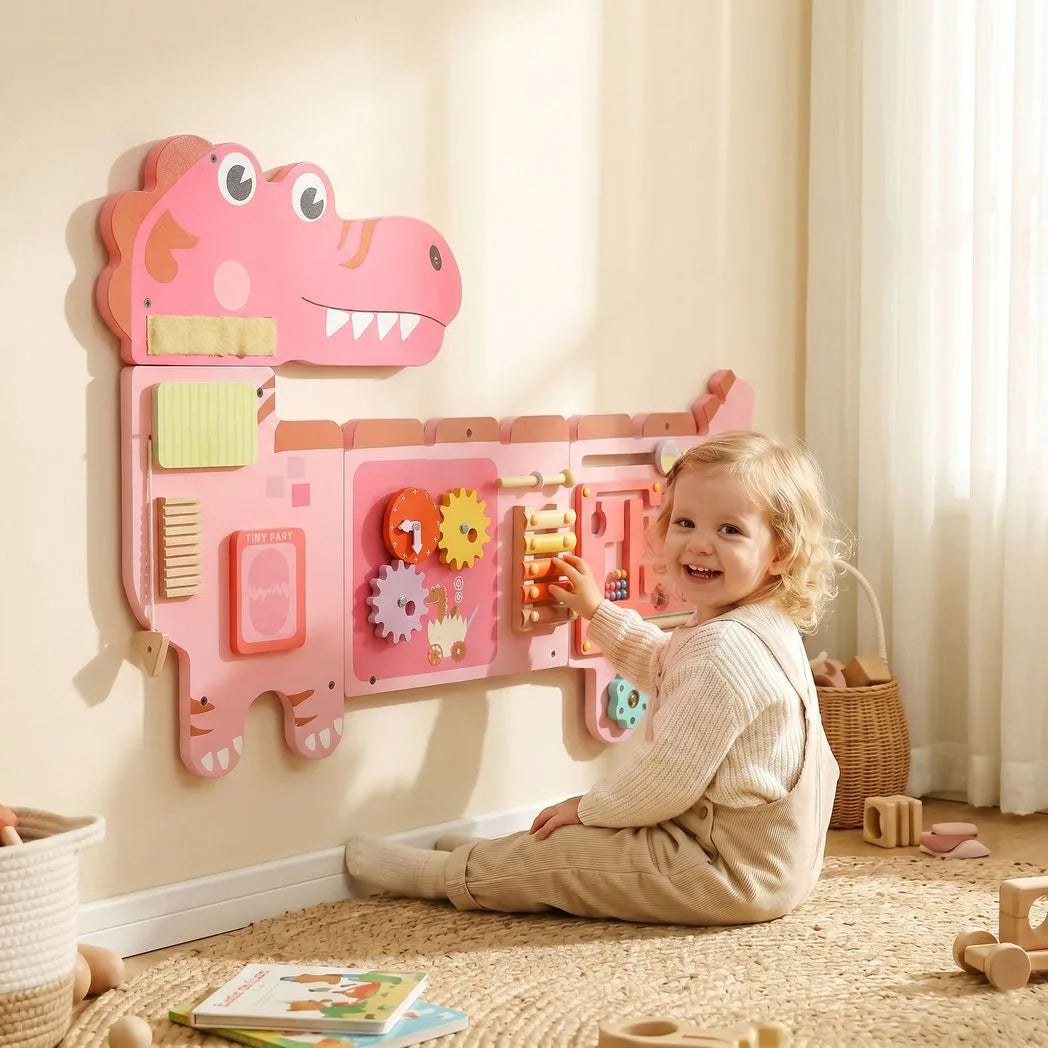 AIYAPLAY Wall-Mounted Montessori Busy Board with Xylophone – Dinosaur Toddler Learning Centre, Pink