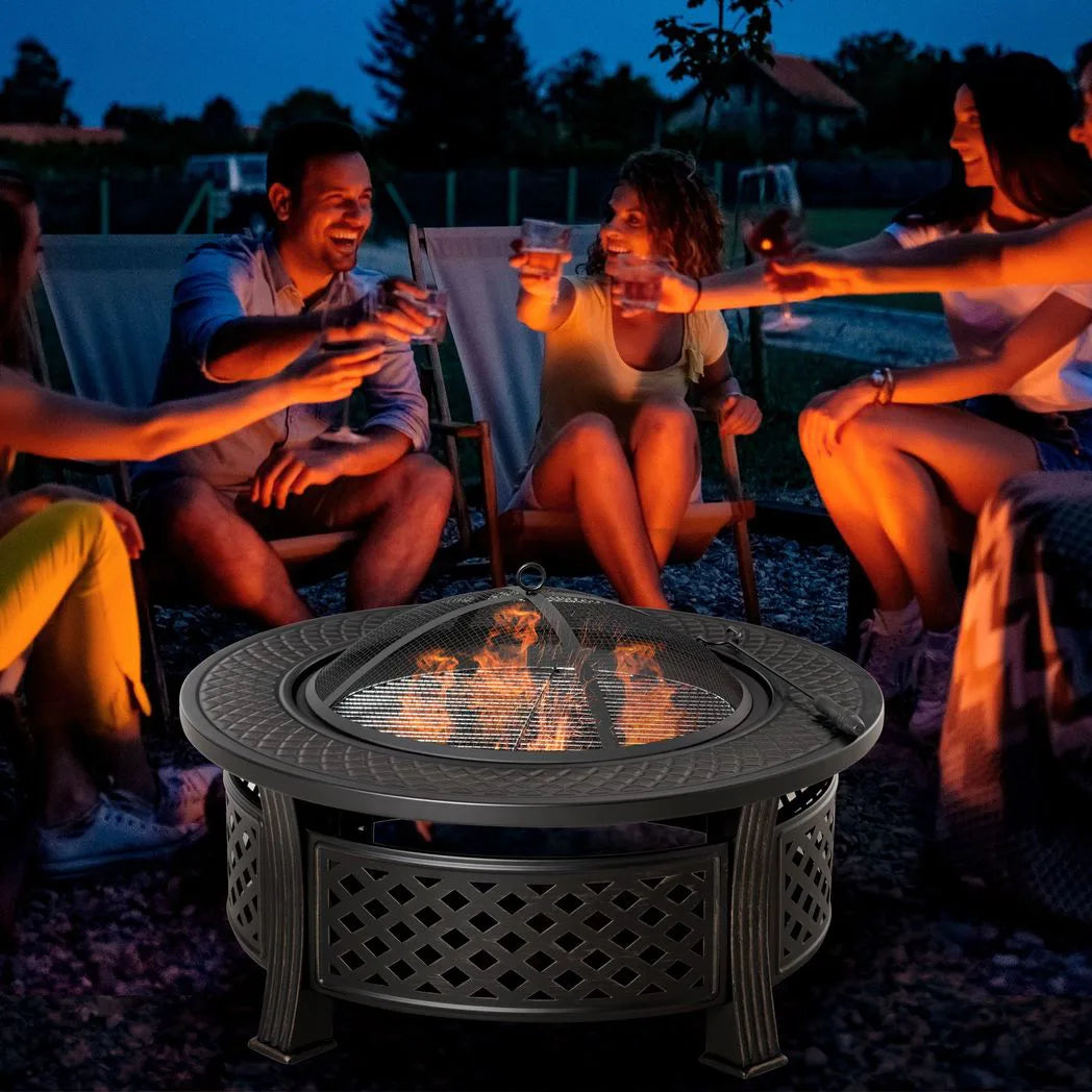 Outsunny 2-in-1 Outdoor Fire Pit with Grill Net, Mesh Lid and Poker – Camping and Bonfire, Bronze Tone
