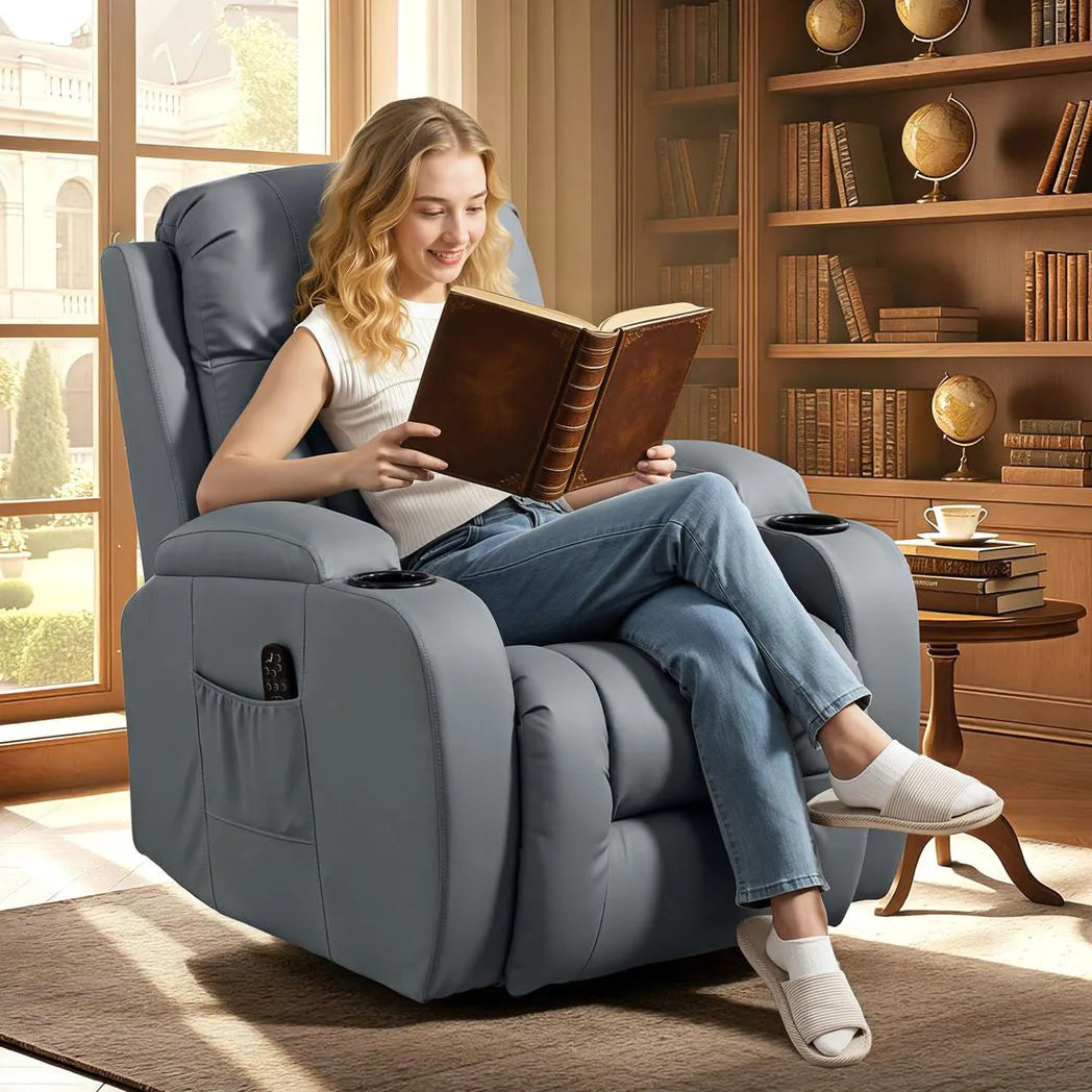HOMCOM Massage Recliner Armchair with 8-Point Vibration, Lumbar Heat & Swivel Rocking Seat – PU Leather Recliner Chair, Grey