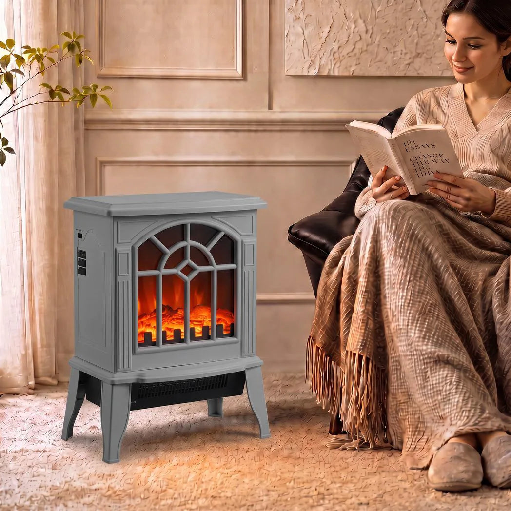 HOMCOM Freestanding Electric Log Burner with LED Flame Effect, 1000W/2000W, Tip-Over Safety – Grey