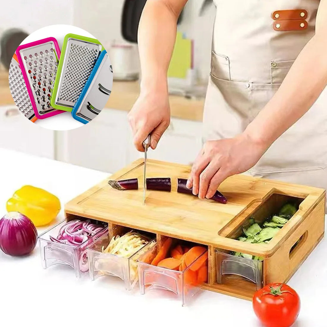 Large Bamboo Chopping Board with 4 Storage Containers & Anti-Slip Pads – Elevated Cutting Board with Juice Grooves