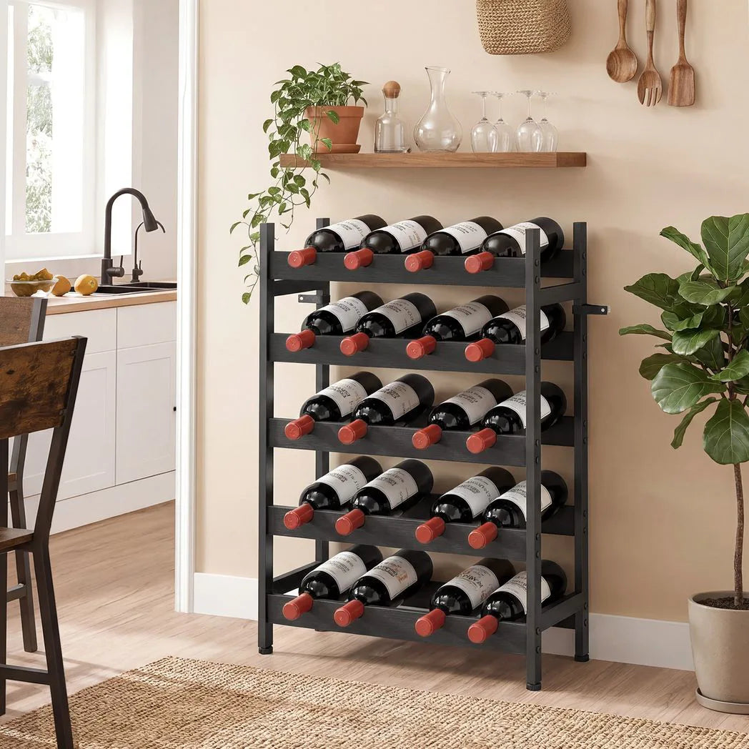 HOMCOM 5-Tier Industrial Wine Rack with Anti-Tip Kit, 20 Bottle Capacity – Freestanding Liquor Cabinet, Black