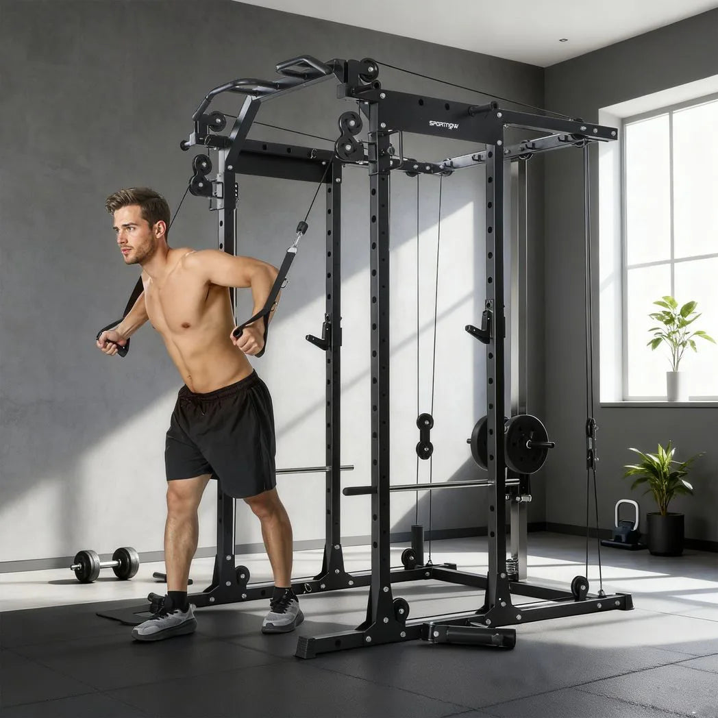 SPORTNOW Cable Crossover Machine with Lat Pull-Down, Pull-Up Station & Barbell Rack – Home Multi Gym