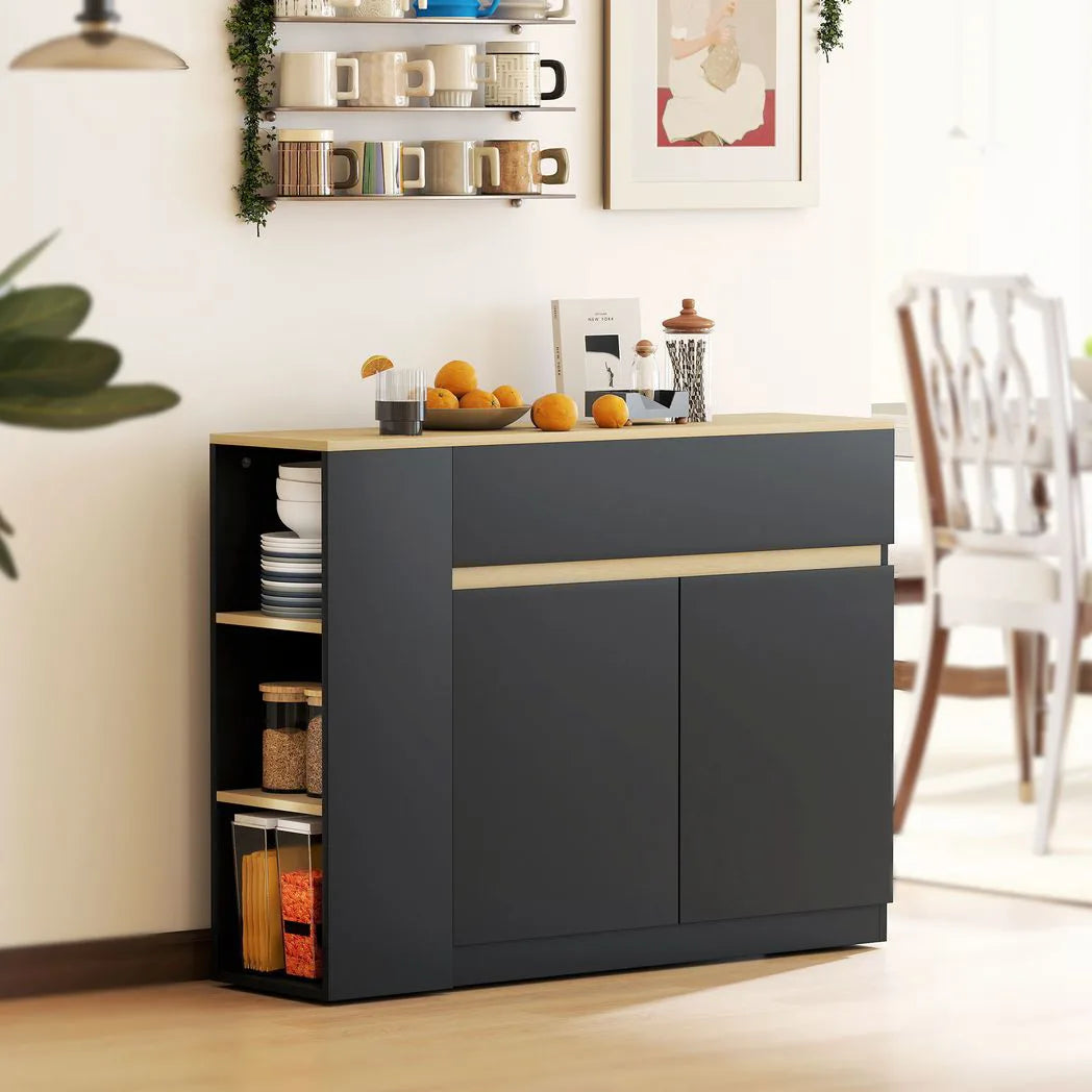 HOMCOM Kitchen Island Storage Cabinet with Adjustable Shelf, 2 Drawers and 3 Open Shelves – Dining Buffet, Black
