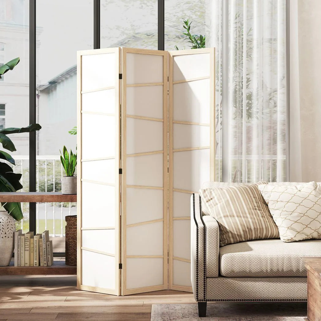 HOMCOM Wooden Folding Privacy Screen with Solid Wood Frame – 3 Panel Room Divider for Bedroom, Natural Wood Finish