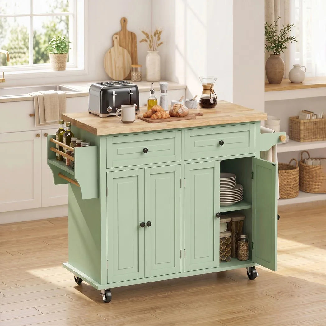 HOMCOM Rolling Kitchen Island with Rubberwood Top, Drawers & Cabinets – Dining Room Storage Trolley, Light Green