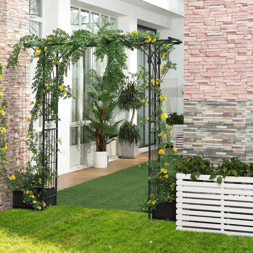 Outsunny 210 cm Metal Garden Trellis Arch with Steel Tubing & Scrollwork – Wedding Arbour, Dark Grey