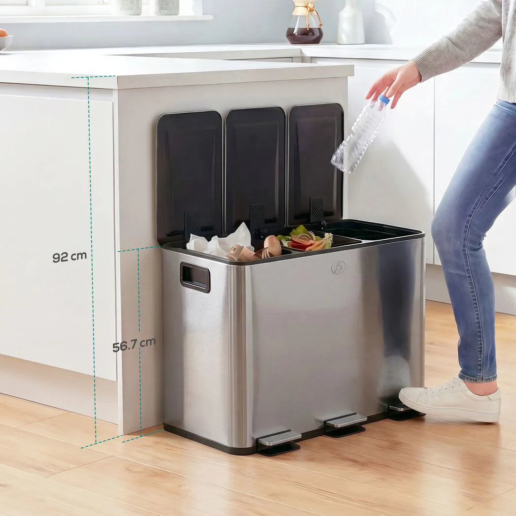 HOMCOM 3 x 20L Pedal Bin with Soft Close Lid, Removable Inner Buckets – Stainless Steel Triple Kitchen Bin, Silver Tone