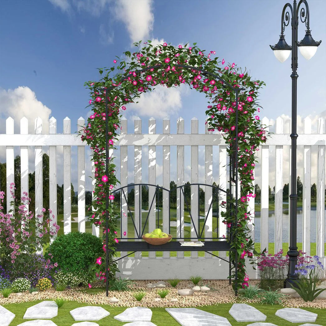 Outsunny 2 Seater Metal Garden Bench with Arch for Climbing Plants and Vines – Outdoor Patio Loveseat, Black