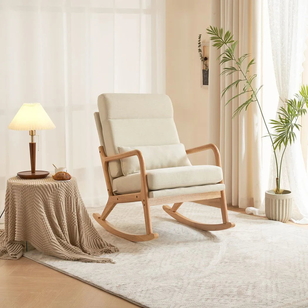 100*65*101cm High Back Belt Waist Pillow Log Color Solid Wood Armrest Backrest Seat Frame Iron Frame Indoor Rocking Chair/armchair dual use Off-white Linen