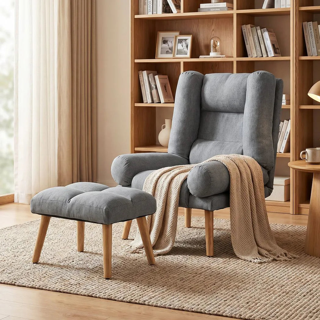 HOMCOM Recliner Chair with Footstool – Armchair with 3-Position Backrest and Wooden Legs, Grey