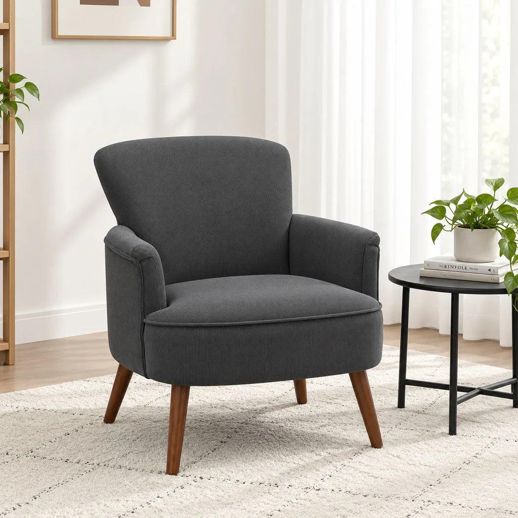 HOMCOM Corduroy Retro Accent Chair with Wing Back, Wood Frame and Cushion – Curved Armchair for Living Room, Black