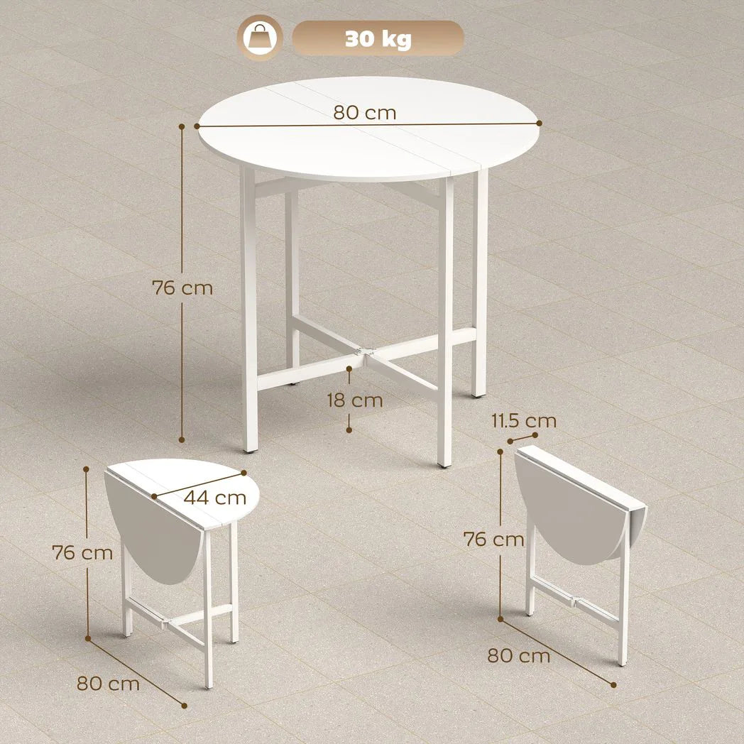 HOMCOM Round Drop Leaf Dining Table – 80cm Folding Kitchen Table for Small Spaces with Steel Frame, White
