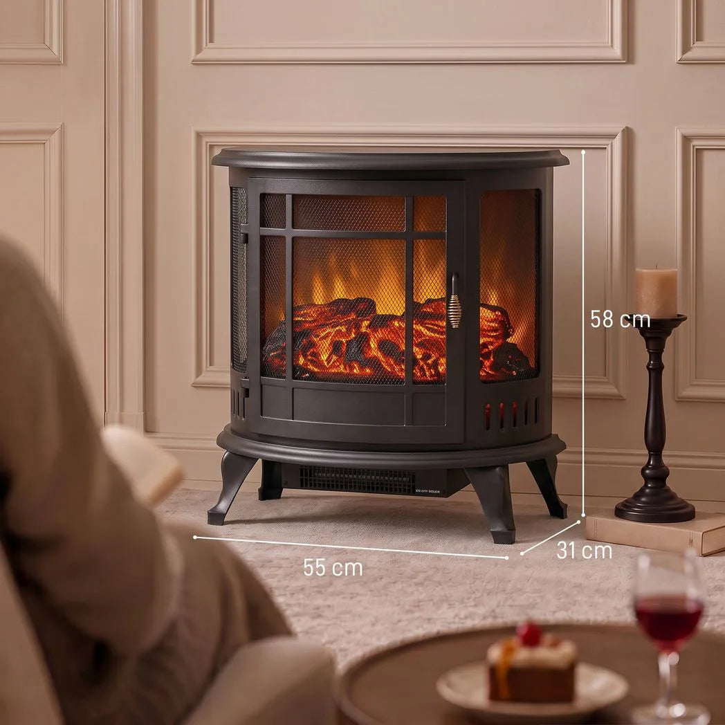 HOMCOM 2000W Electric Fireplace Stove with Realistic LED Flame – Freestanding Log Burner Heater, Black