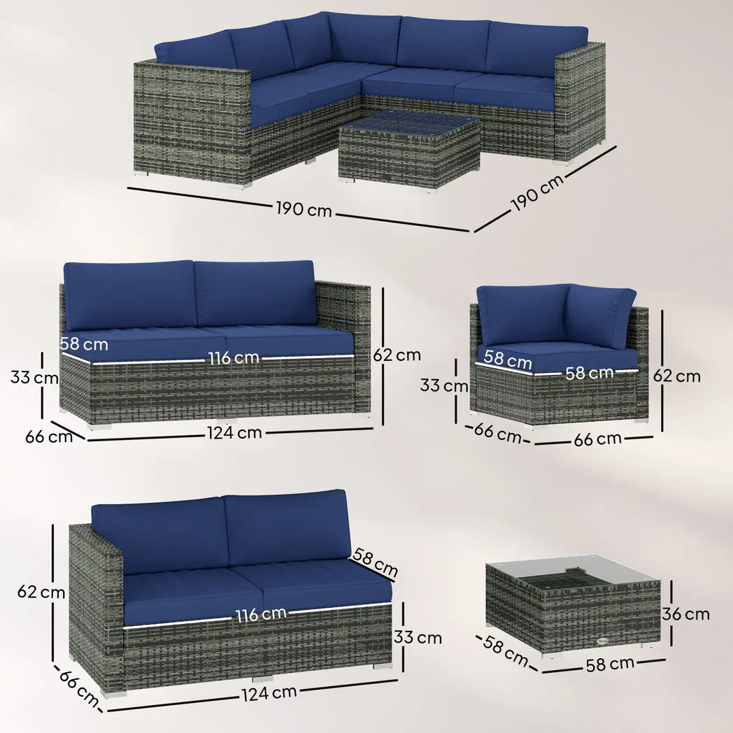 Outsunny 4 Piece Rattan Garden Corner Sofa Set with Glass-Top Coffee Table & Cushions, Blue