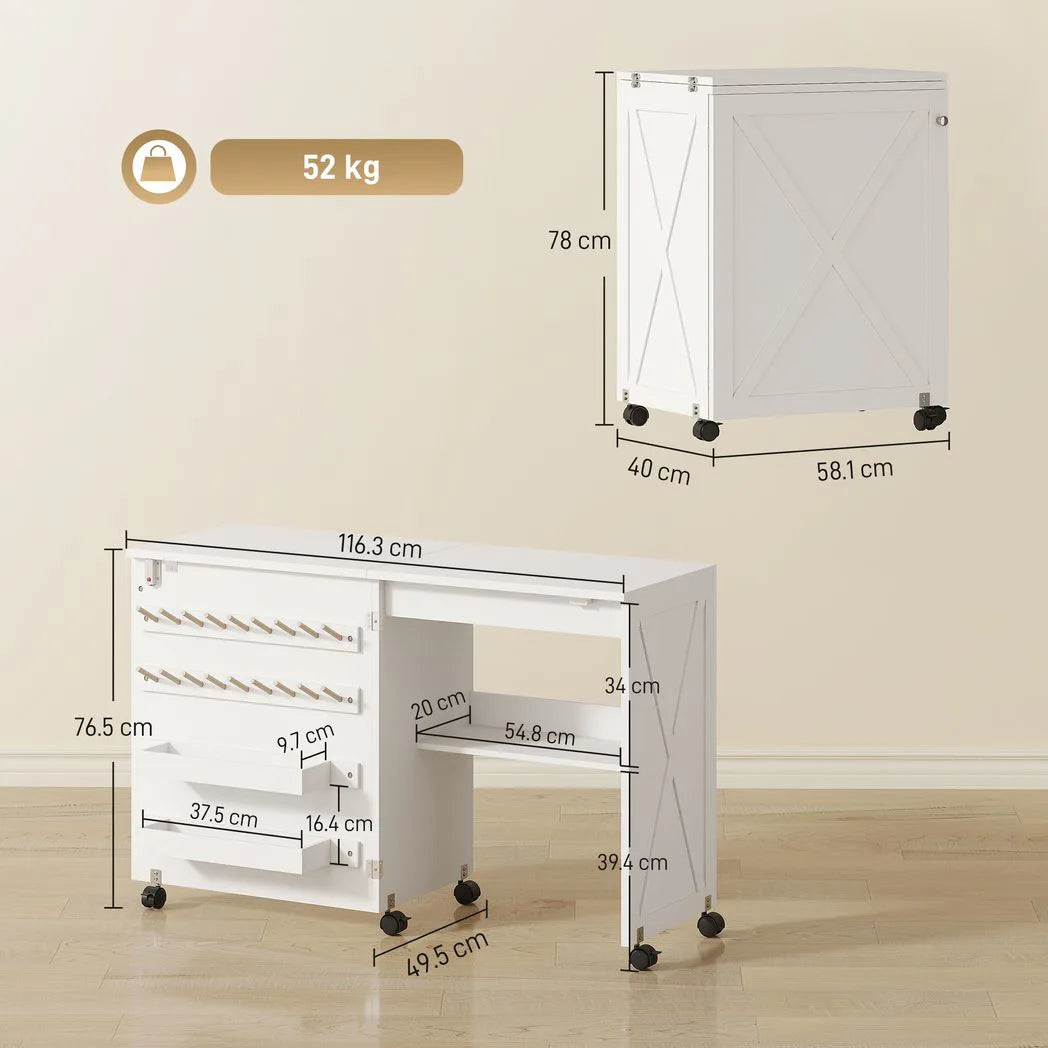 HOMCOM Folding Sewing Table with Storage, Shelf and Lockable Casters – Rolling Craft Table for Small Spaces, White