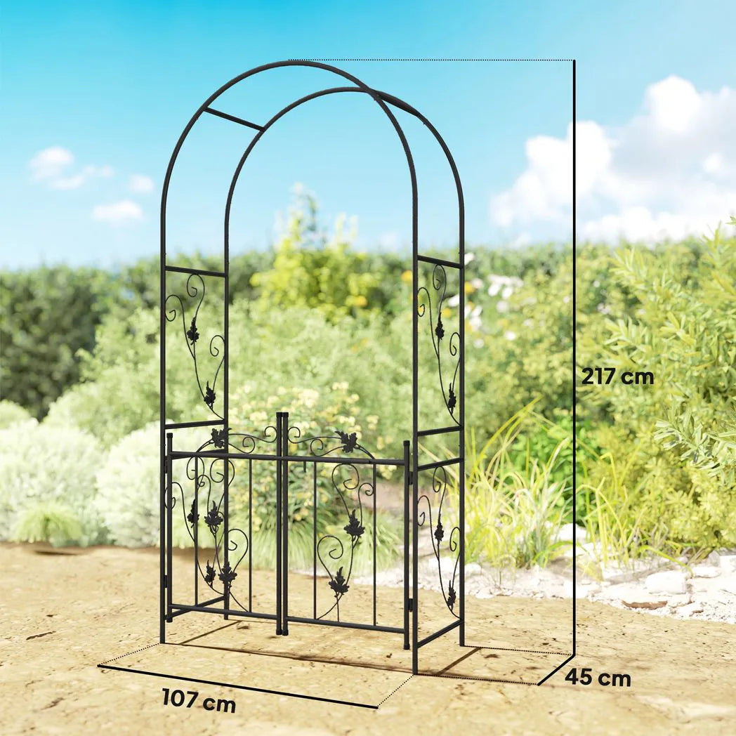 Outsunny 2.17m Steel Garden Arch with Gate – Wedding Arch Plant Support, 107 x 45 x 217cm, Black