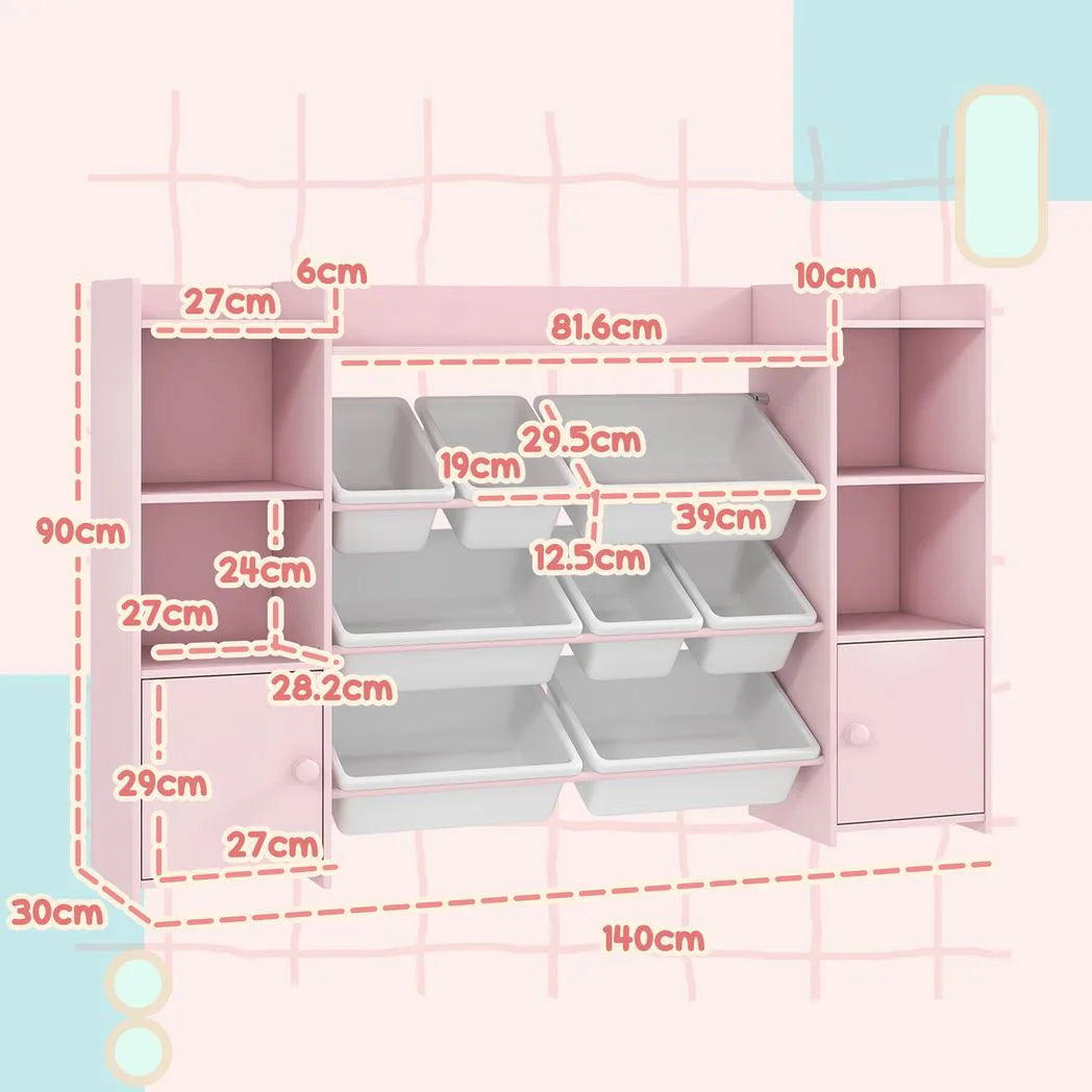 AIYAPLAY Kids Toy Storage Unit with 8 Removable Bins and Bookshelf – Toy Organiser, Pink
