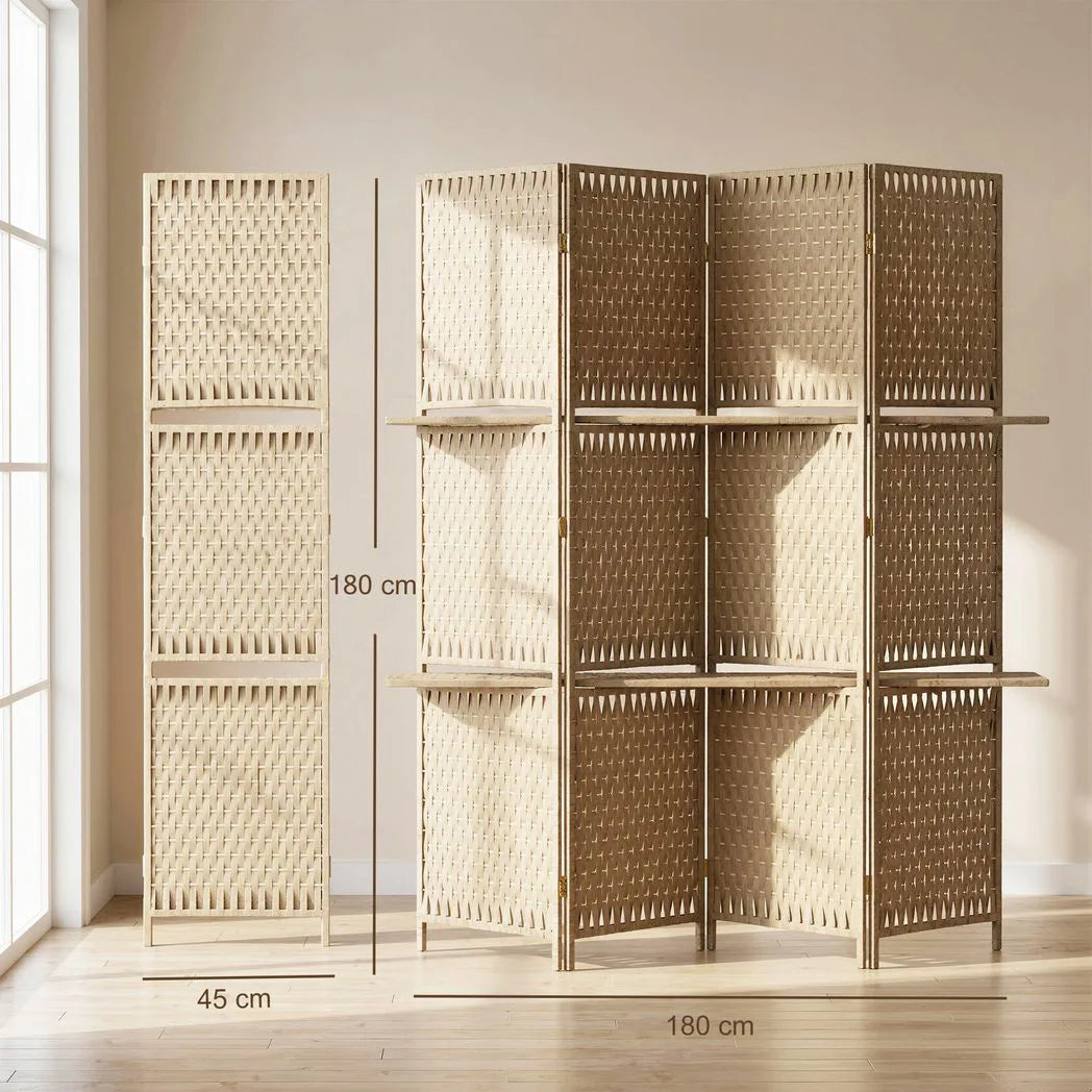 HOMCOM Wave Fibre Folding Privacy Screen with Two Shelves – Freestanding 4 Panel Room Divider, Natural Wood Finish