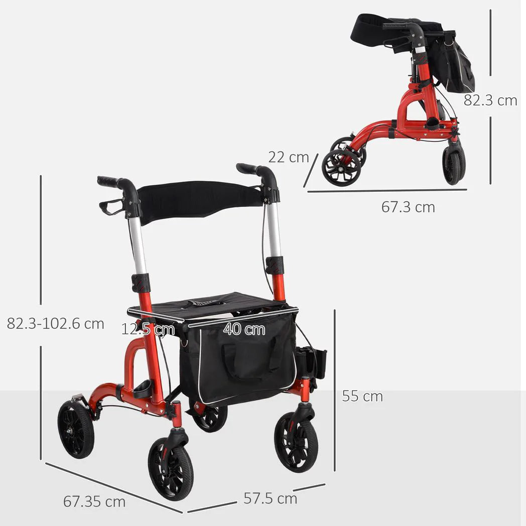 HOMCOM Folding Rollator Walker with Seat, Padded Backrest & Adjustable Handles – Lightweight Walking Frame, Red