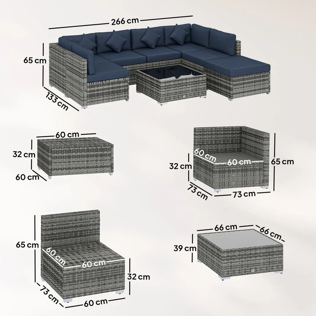 Outsunny 8 Piece PE Rattan Corner Sofa Set with Glass Coffee Table, Footstool and Cushions, Dark Blue