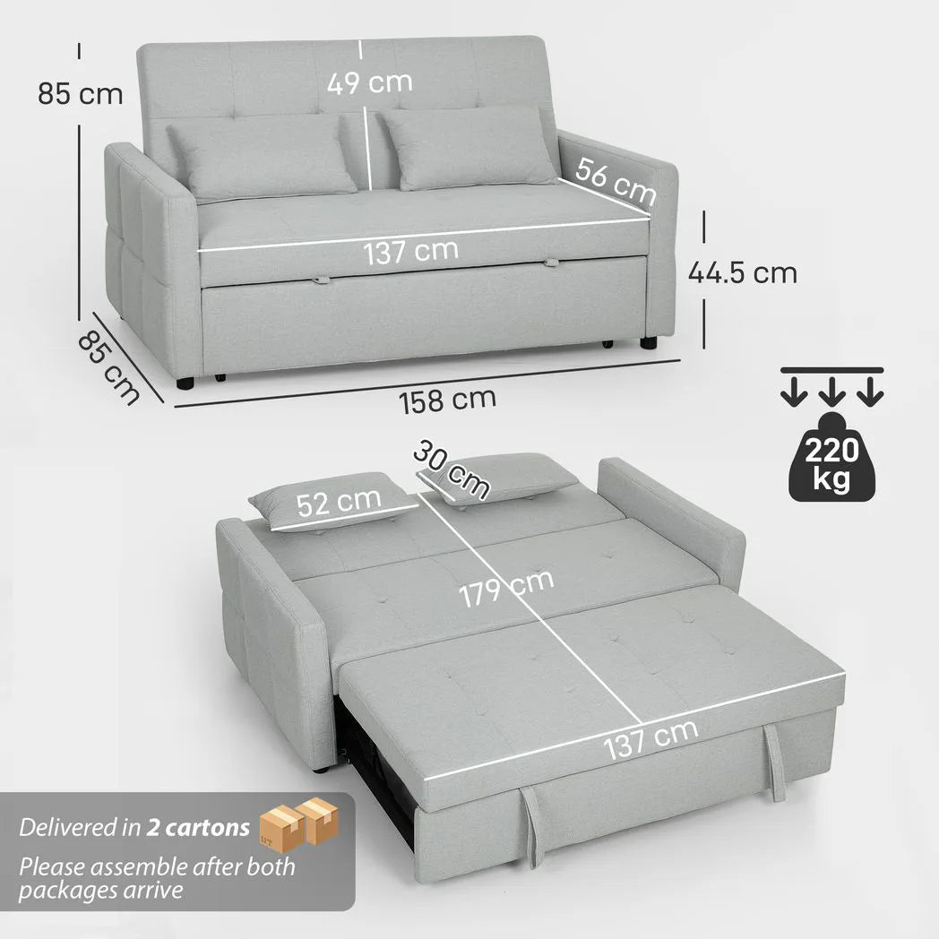HOMCOM Three-Way Two-Seater Sofa Bed with Click-Clack Reclining Back – Linen-Look Loveseat, Light Grey