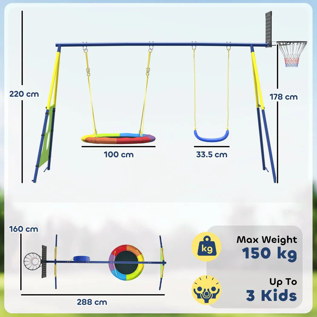 AIYAPLAY 4-in-1 Kids Swing Set with Saucer Swing, Basketball Hoop & Football Goal – Outdoor Garden Playset