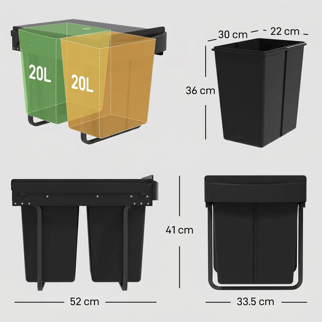 HOMCOM Pull Out Bin with 2 x 20L Removable Compartments – Under Sink Kitchen Waste and Recycling Bin, Black