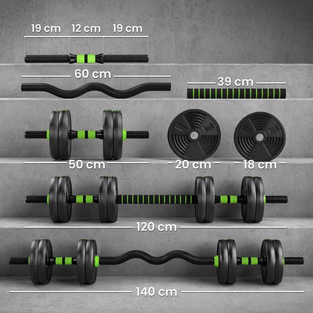 SPORTNOW 15kg 3-in-1 Adjustable Dumbbell & Barbell Set with EZ Curl Bar & Connecting Rod – Home Gym Weights, Green