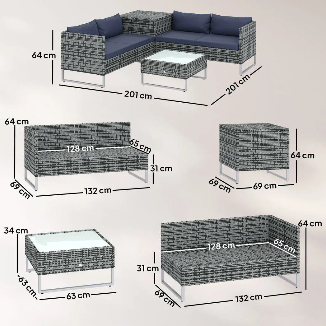 Outsunny 4 Piece Rattan Corner Sofa Set – Two Loveseats, Storage Table and Glass Coffee Table with Cushions, Dark Blue