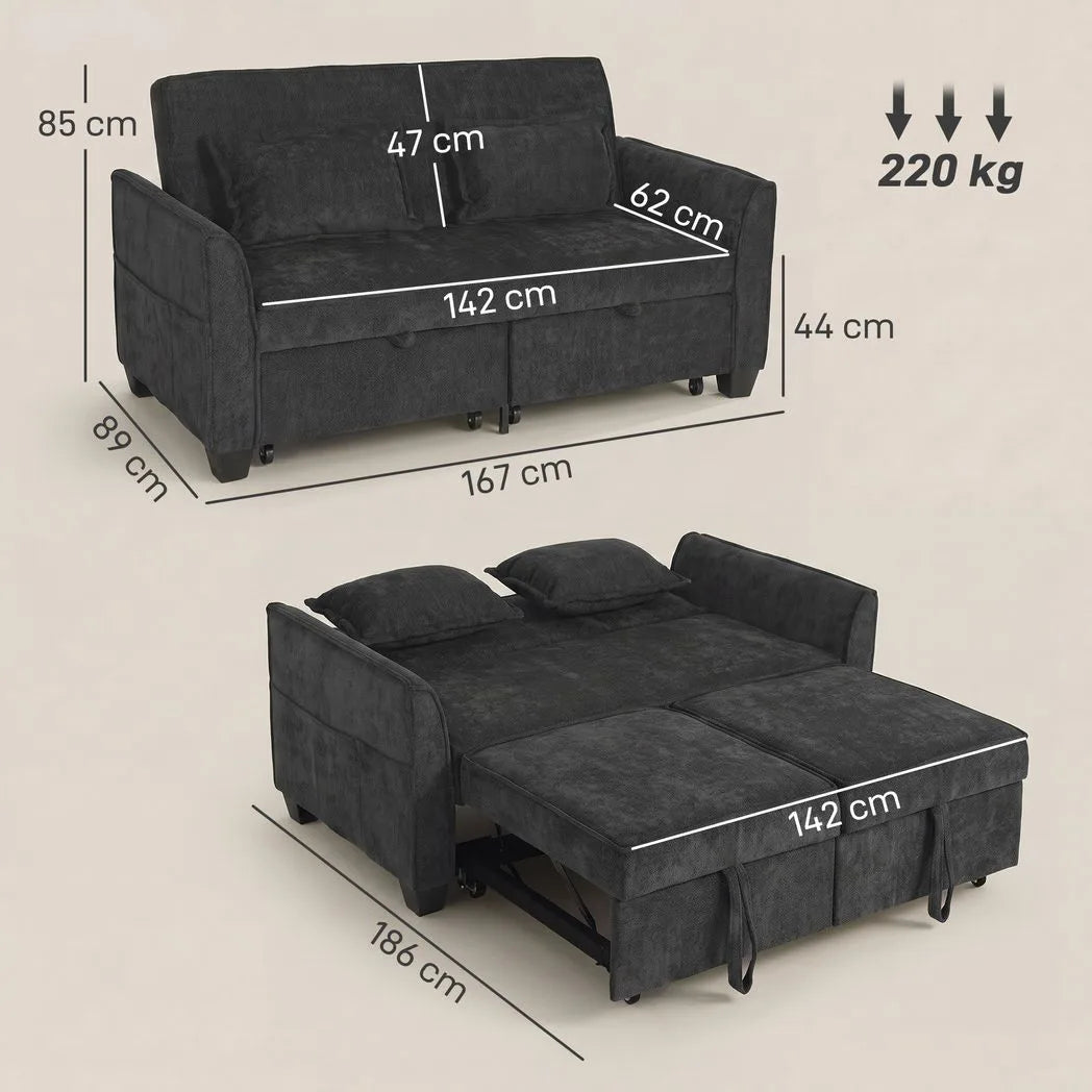 HOMCOM 2 Seater Sofa Bed, 4-in-1 Convertible with Dual Pull-Out Beds – Chenille Sleeper Sofa, Black