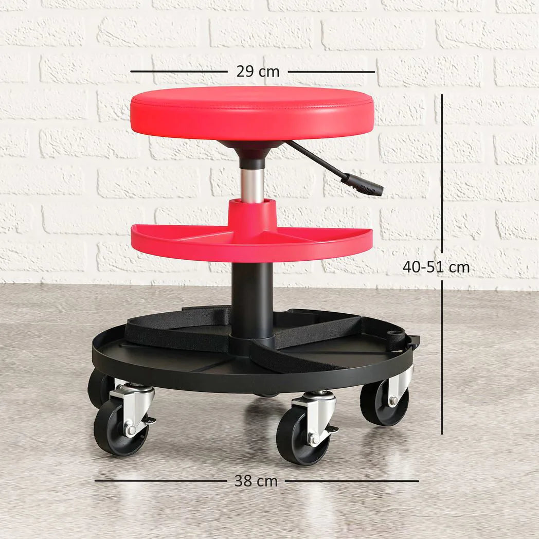 HOMCOM Rolling Mechanic Stool with 360° Swivel Wheels, Padded Seat and Tool Trays, 135kg – Garage Workshop Seat, Red