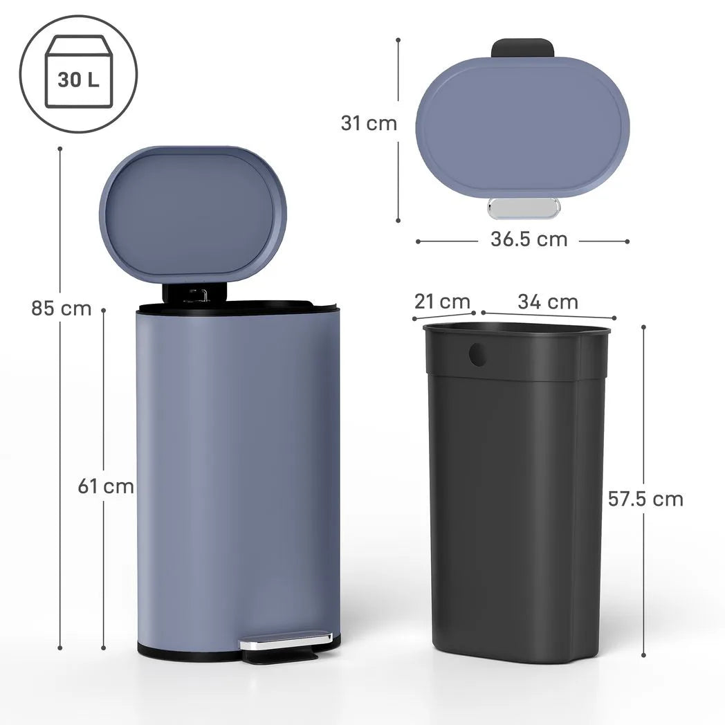 HOMCOM 30L Modern Curved Kitchen Bin with Soft-Close Stay-Open Lid and Removable Bucket – Pedal Bin, Grey